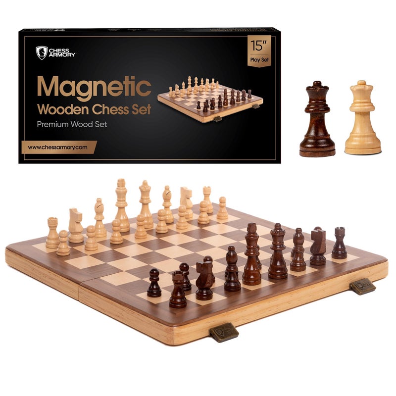 Chess Armory 15 Inch Magnetic Wooden Chess Set for Adults & Kids - Folding Travel Chess Board with Handcrafted Staunton Pieces, Extra Queens, and Storage Slots - Image 1